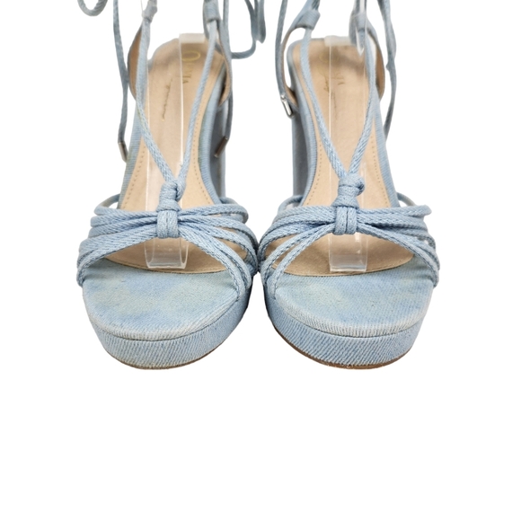 Olivia Ferragamo Hoover Blue Denim Fabric Lace Up Block Heels Women's Size 6.5 - Picture 7 of 13